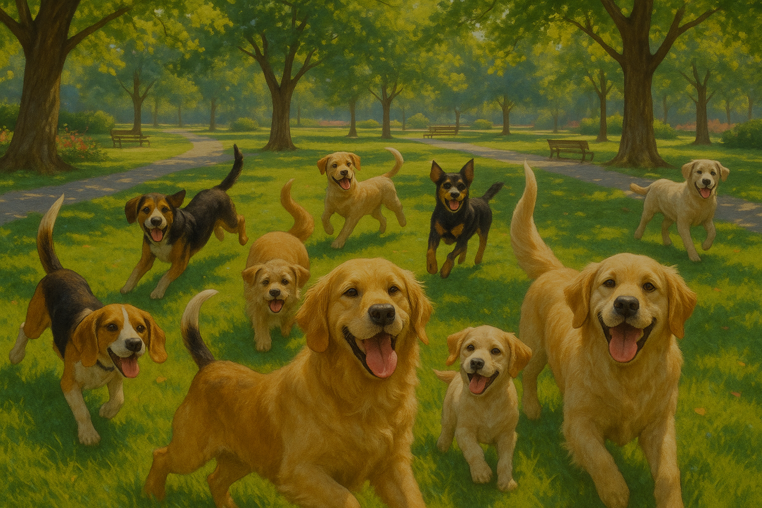 Dogs in park smiling